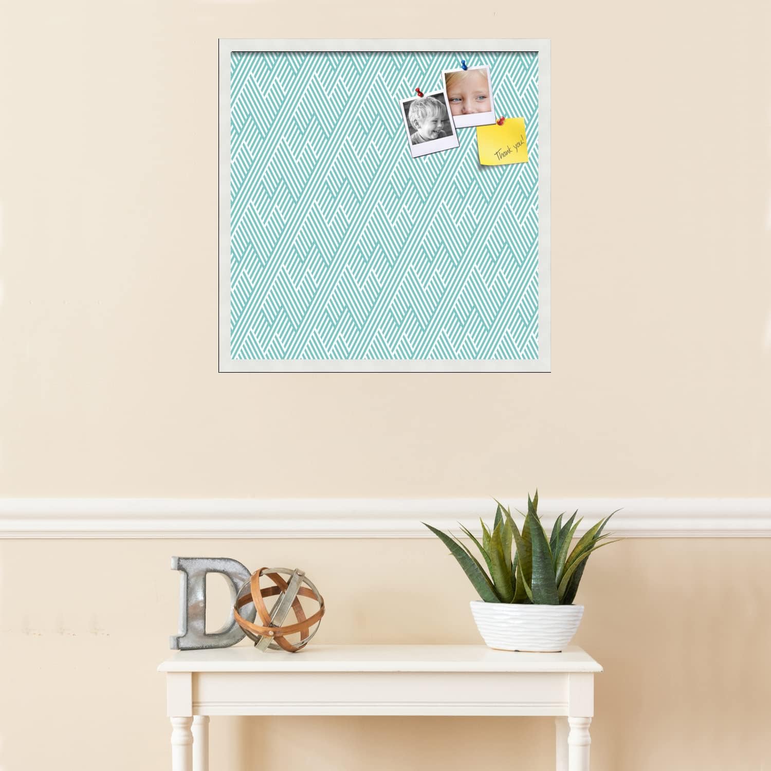 PinPix 24x24 inch Cork Bulletin Board. This Decorative Framed Pin Board Comes with Modeco Zig Zag Aqua Design and Satin White Frame. Ideal for Home, Office Decor or School (PinPix-1628)