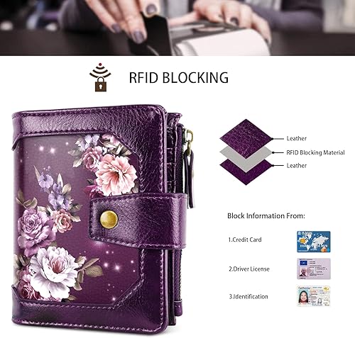 Miniatura 5 de Cartera pequeña para mujer, con bloqueo RFID, de piel, compacta, con bloqueo RFID, con cremallera y ventana de identificación, flores moradas
