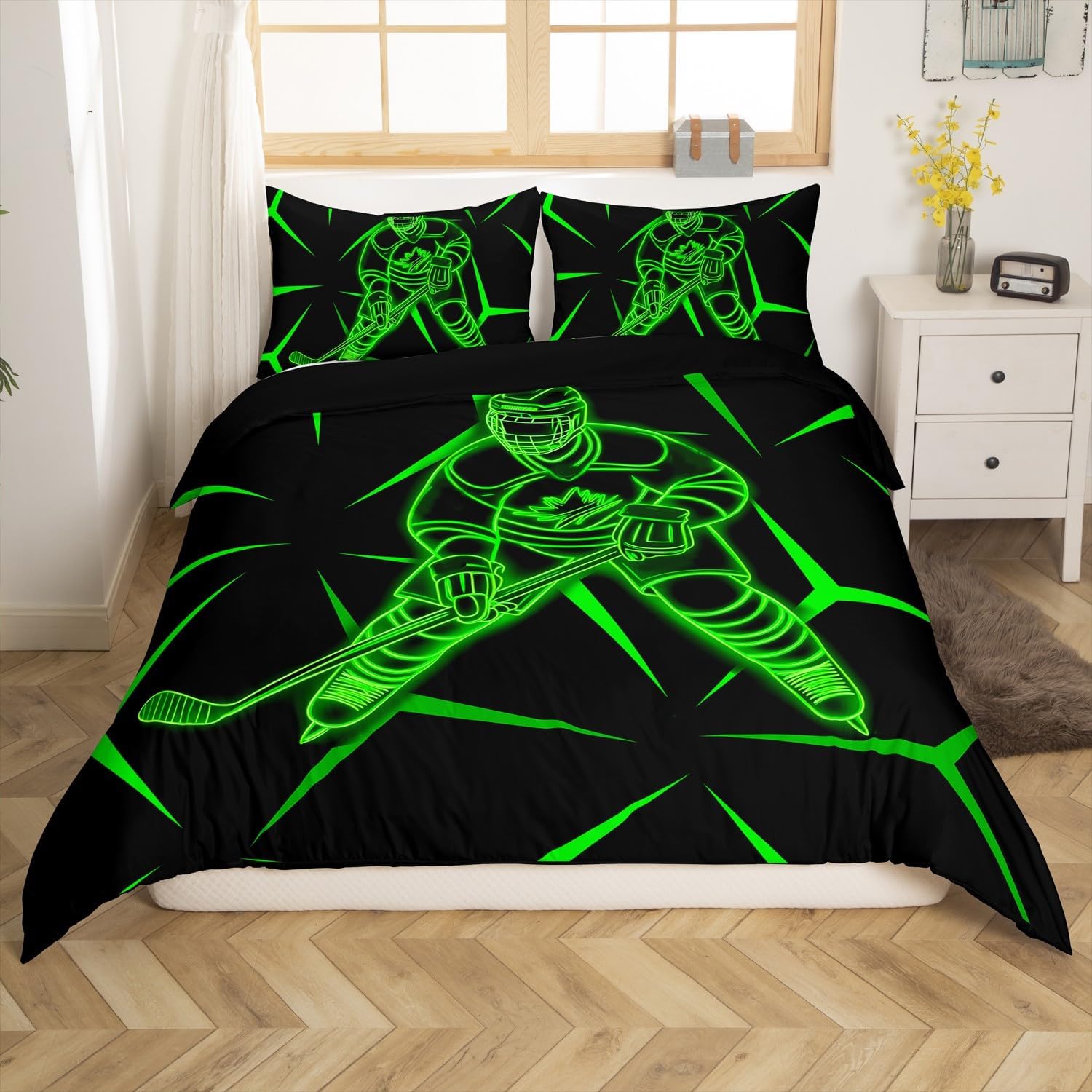Ice Hockey Player Duvet Cover Set Queen Size,Neon Geometric Triangles Lines Bedding Set,Boys Girls Room Decor,Winter Sports Gaming Comforter Cover,Green Black Quilt Cover,2 Pillowcases(No Filler) image 2