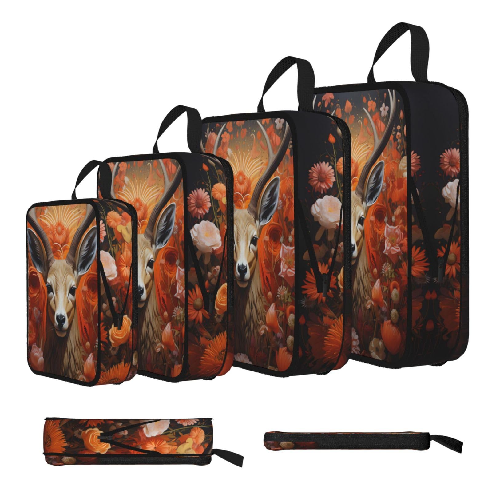 Sxzvvbn Black Antelope And Flowers Compression Packing Cubes 4 Piece Set