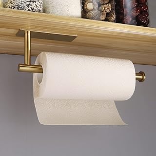 Paper Towel Holder -Self Adhesive Paper Towel Holder Wall Mount for Kitchen Rack,Under Cabinet Paper Towel Holder for Kitchen Adhesive Paper Towel Roll Rack for Bathroom Towel Stainless Steel Gold