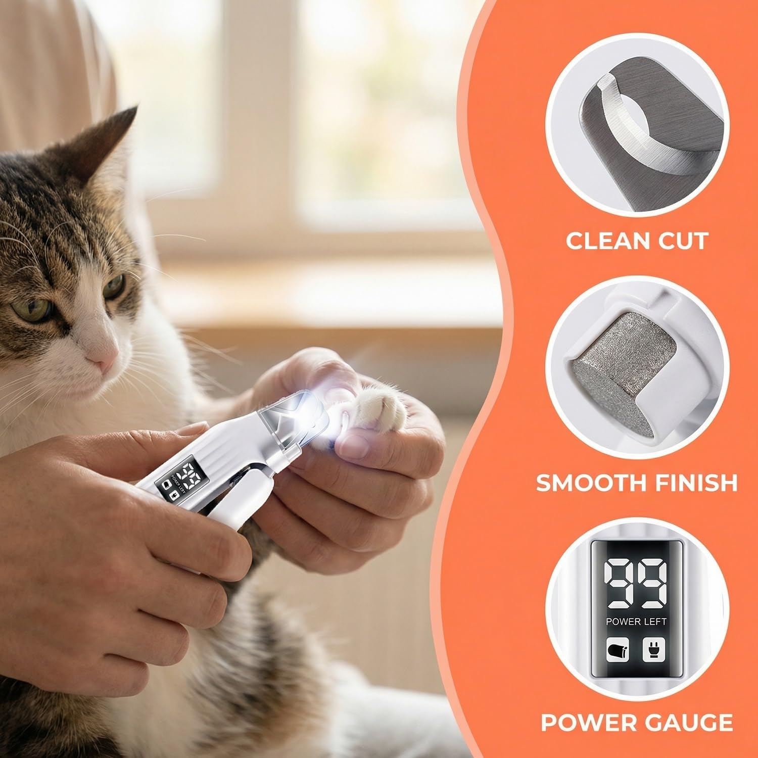 Cortaúñas y amoladora LED 2 en 1 para gatos y perros, cortaúñas eléctrico de bajo ruido con luz de seguridad, herramienta recargable de aseo para mascotas pequeñas y medianas