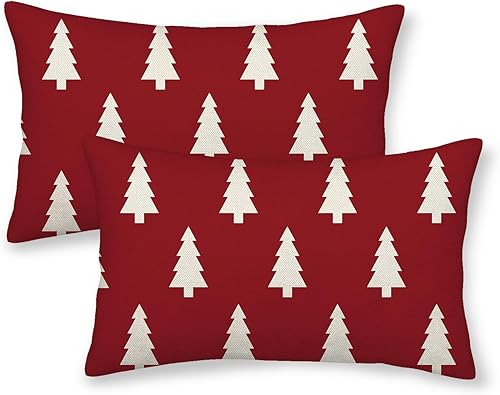BETGINY Juego de 2 fundas de almohada de Navidad de 12 x 20 pulgadas, diseño geométrico de árbol de Navidad rojo y blanco, fundas de almohada de