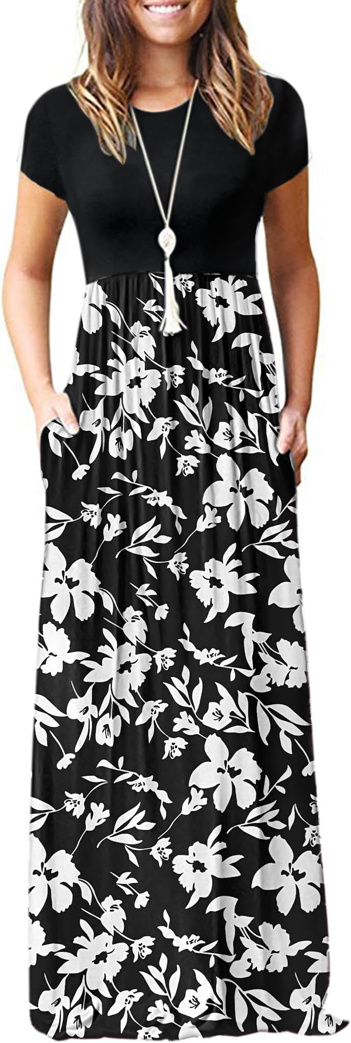 MISFAY Women Short Sleeve Loose Plain Maxi Dresses Casual Long Dresses Pockets