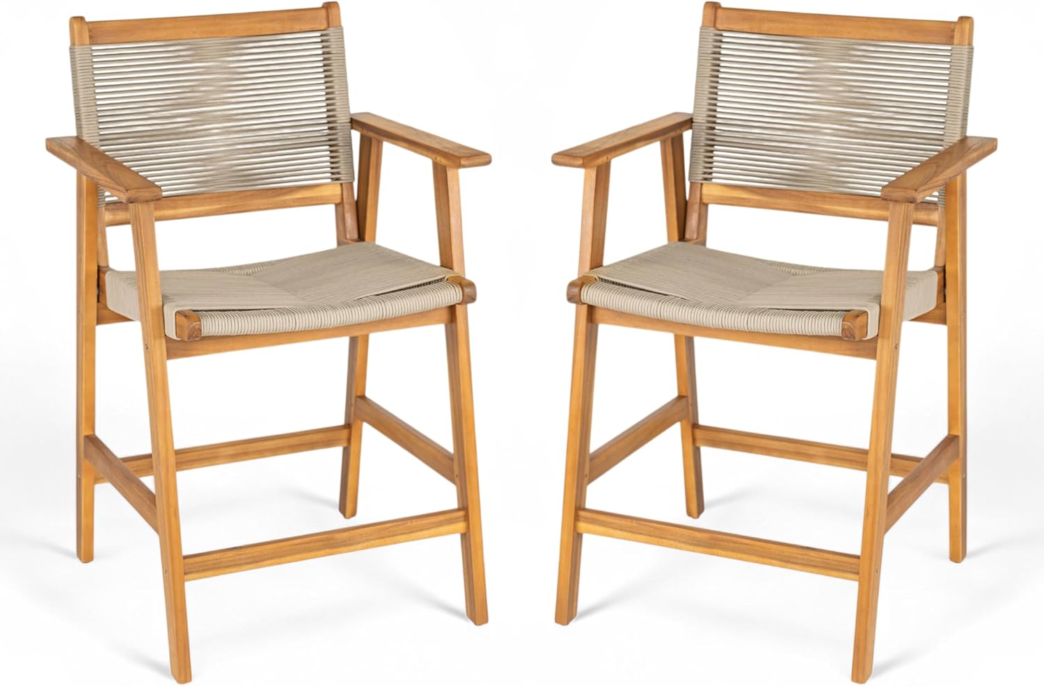 Christopher Knight Home Pleta Patio Barstool Set of 2, Acacia Wood & Beige Rope Outdoor Counter Stool with Armrest/Footrest, Natural Wooden Barstool Chairs for Backyard Balcony Garden, Beige + Teak