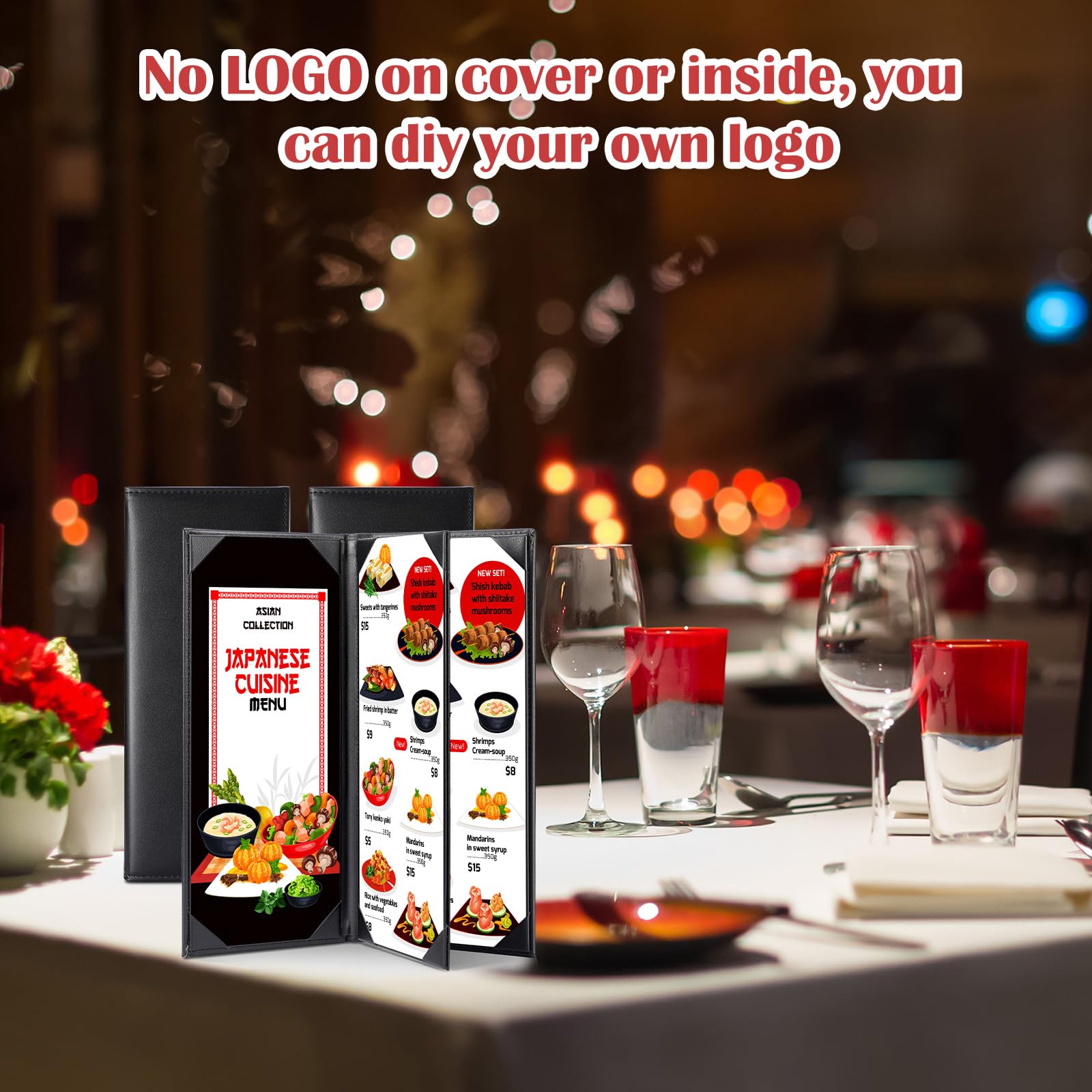 Jexine Cubiertas de menú negras impermeables para restaurante, cafetería, bar, piel sintética, 4 vistas, libro de menús plegable con esquinas en ángulo para bebidas de vino, cafeterías, lista, juego