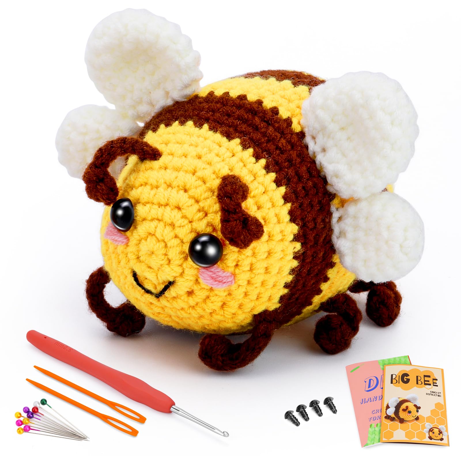 ENCHOL Beginner Crochet Kit, Cute Bees Crochet Kit, Complete Bee Animals Crochet Kits for Starters Adults with Step-by-Step Video Tutorials for DIY Craft Creations(Big Bee)