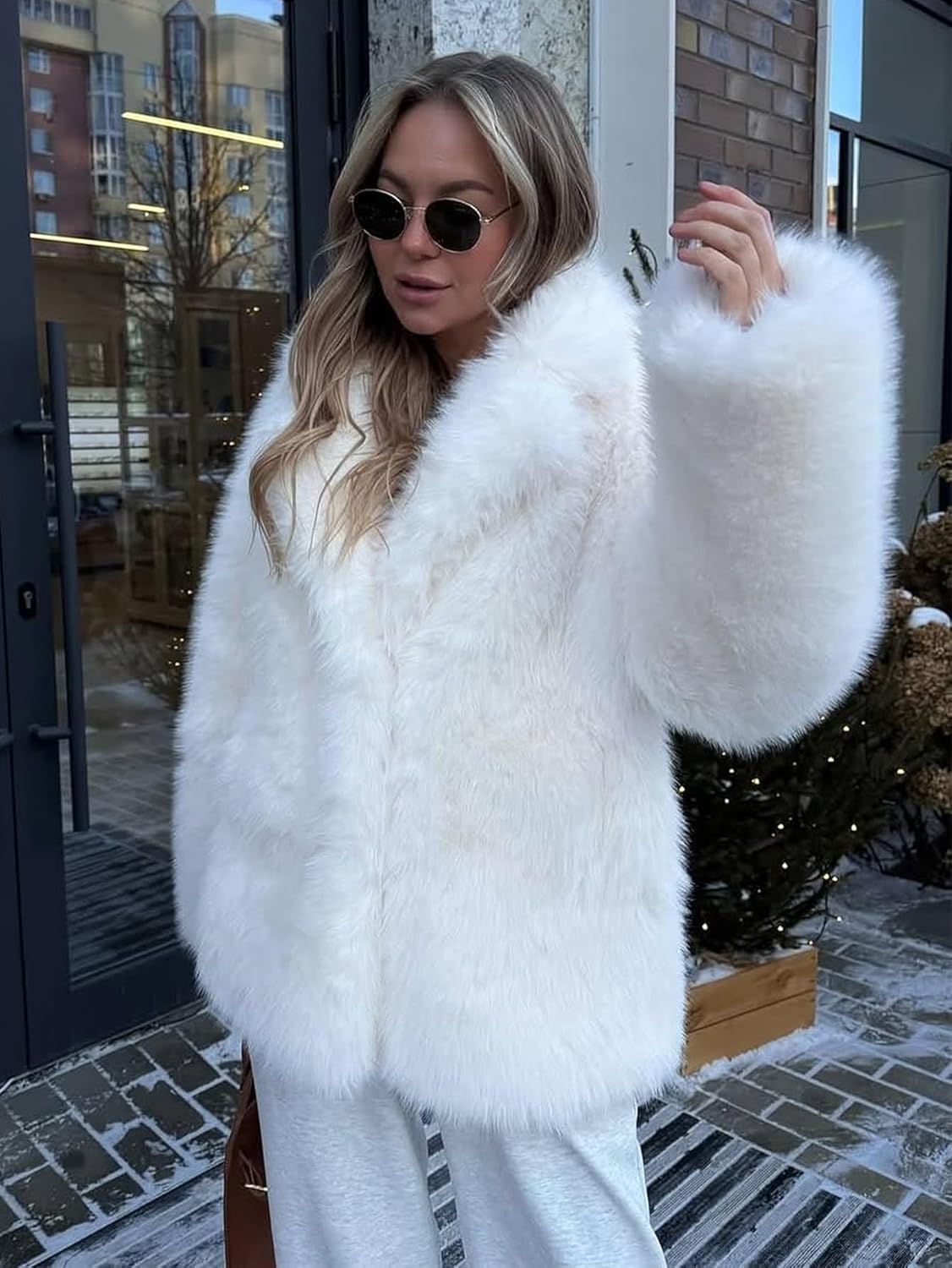 YKR Faux Fur Coat for Women Winter Lapel Shaggy Coat Outwear Warm Fluffy Jacket - Image 6
