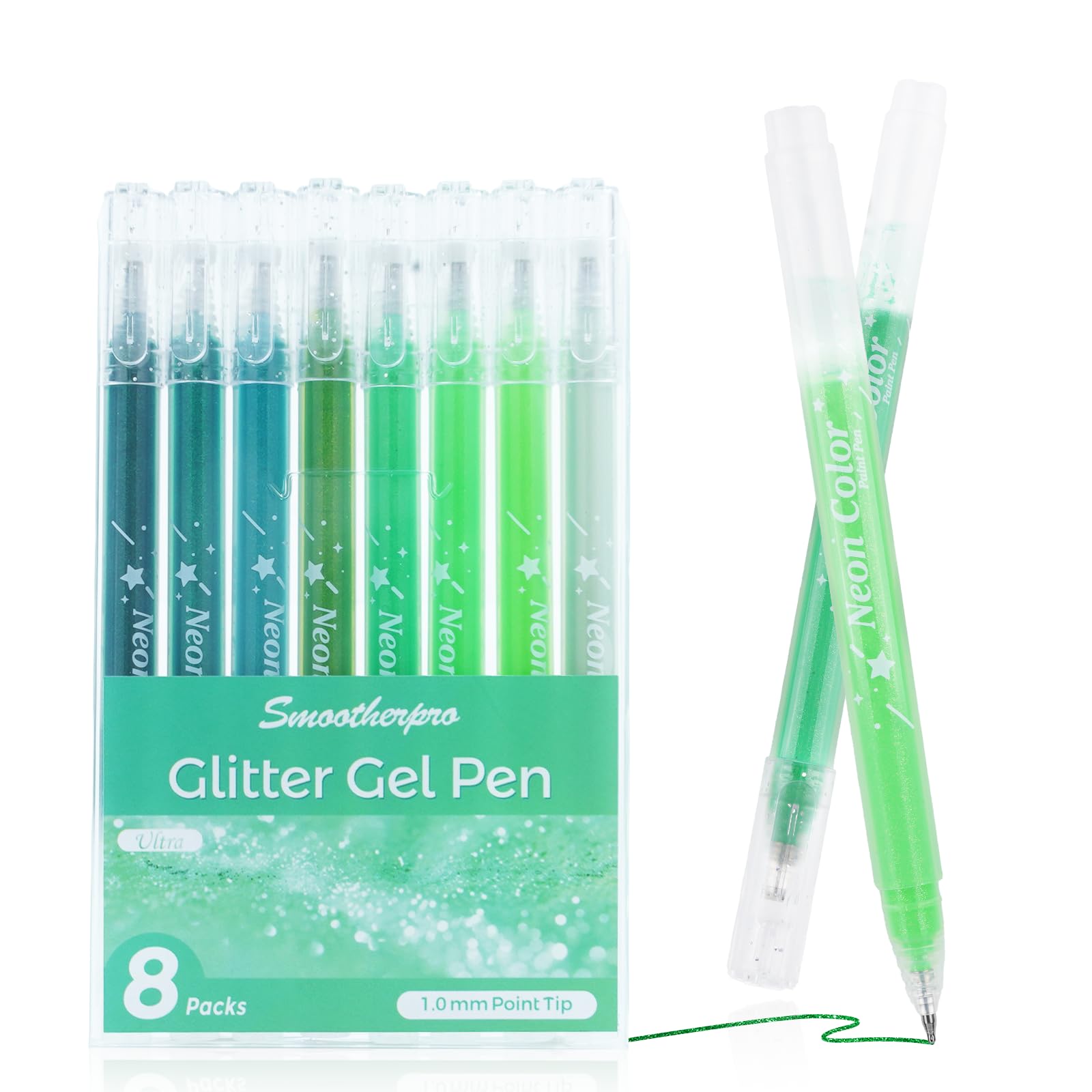 SMOOTHERPRO Metallic Glitter Gel Pens | Pack of 8 | 1.0 mm Tip Green Glitter Sparkly Biro | Gel Pens for Adult Colouring Books Cards Journaling Crafting Drawing Writing（GLP008G）| Green Series — image 1