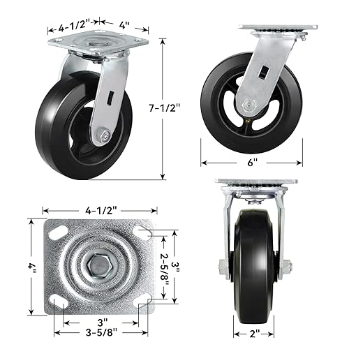 Miniatura 2 de Ruedas giratorias de 6 pulgadas, resistentes, 1000 libras por ruedas, ruedas de goma en hierro fundido, ruedas giratorias de placa