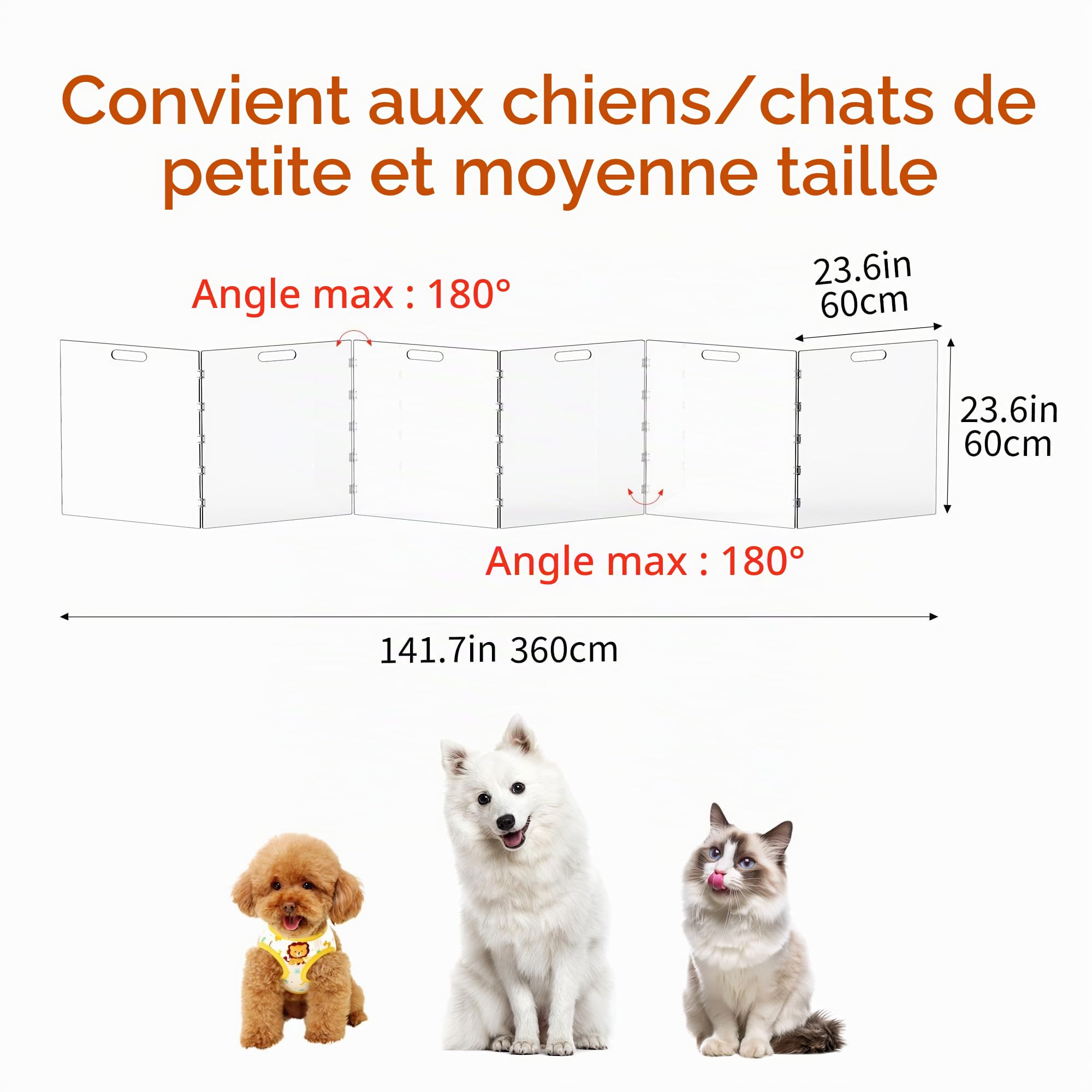 Barrière pour chien en acrylique transparent, barrière pour animaux de compagnie autostable pour portes d’intérieur, parc de jeu pliable en acrylique pour chien sans perçage (Transparent, 6 panneaux)
