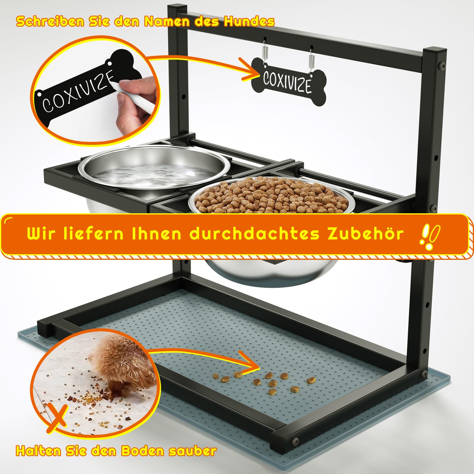 Erhöhte Hundenäpfe mit 4 Höhenverstellbaren und 10° Neigung, Erhöhter Hundenapfständer, Perfekte Stabile Ständer für Hundenapf, 2 Edelstahl-Hundefutternäpfen (1,5 L x 2) und Auslaufsicherer Matte