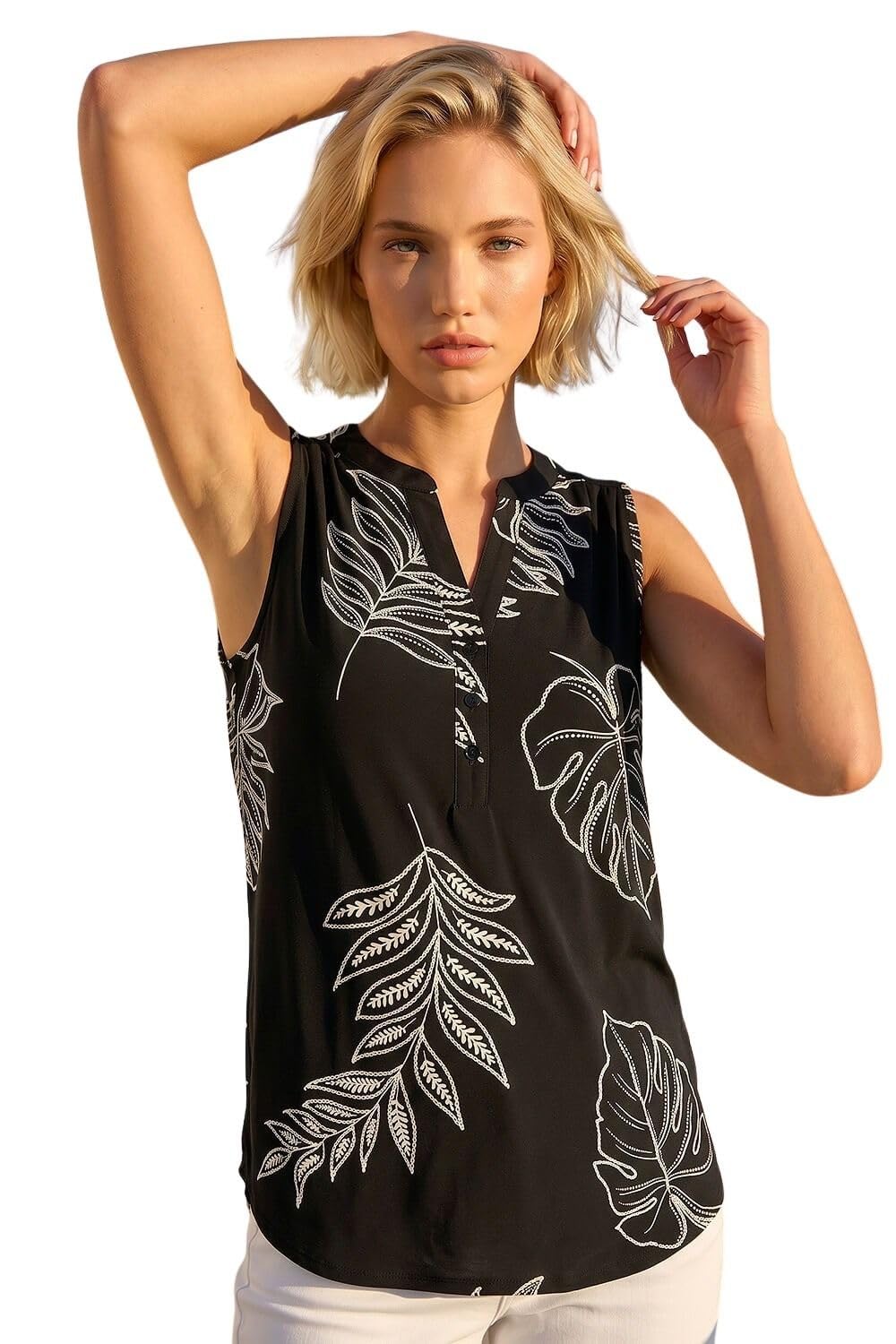 Roman Originals Women's Noir Leaf Sleeveless Shirt For Uk Vest Tank Top Summer Smart Blouse Stretchy Jersey T-Shirt Casual Spring Holiday Party Beach Vacation Notch Neck - Size 12