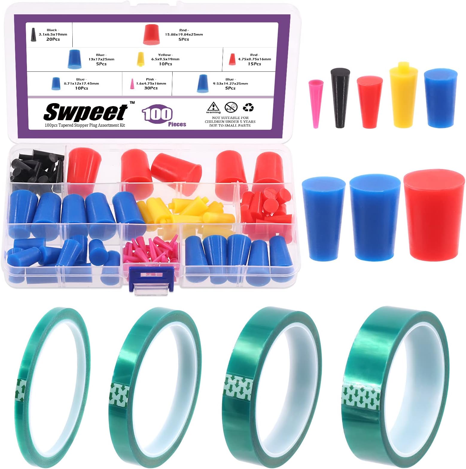 Swpeet 104Pcs 36 Yards 4 Sizes 1/4",1/2", 7/10", 1" Green Powder Coating Masking PET Tape with High Temp Silicone Rubber Protective Tapered Plug Assortment Kit for Painting, Powder Coating