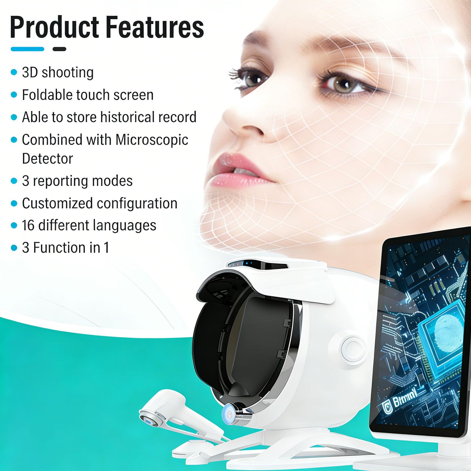 Urządzenie A6 AI do analizy skóry – 36 MP HD, diagnostyka twarzy dla salonów i SPA, 8-spektralny analizator nawilżenia, rekomendacje produktów, obsługa wielu języków 21.5inch