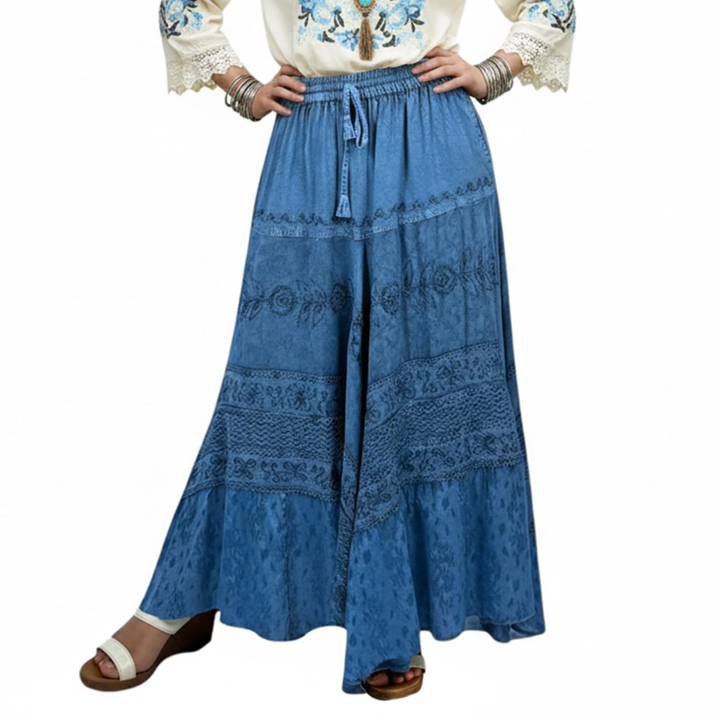 Agan Traders Womens 2025 Winter Elastic Waistband Flare Hem Boho Skirt - Long Renaissance Embroidered Maxi Skirt