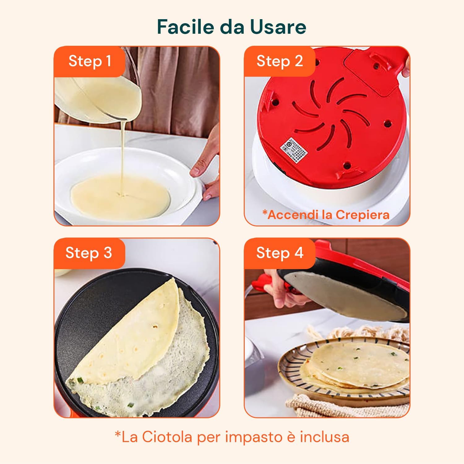 Padella per Crepes Avilia Yummi 600W 20cm Antiaderente con Ciotola e Frusta