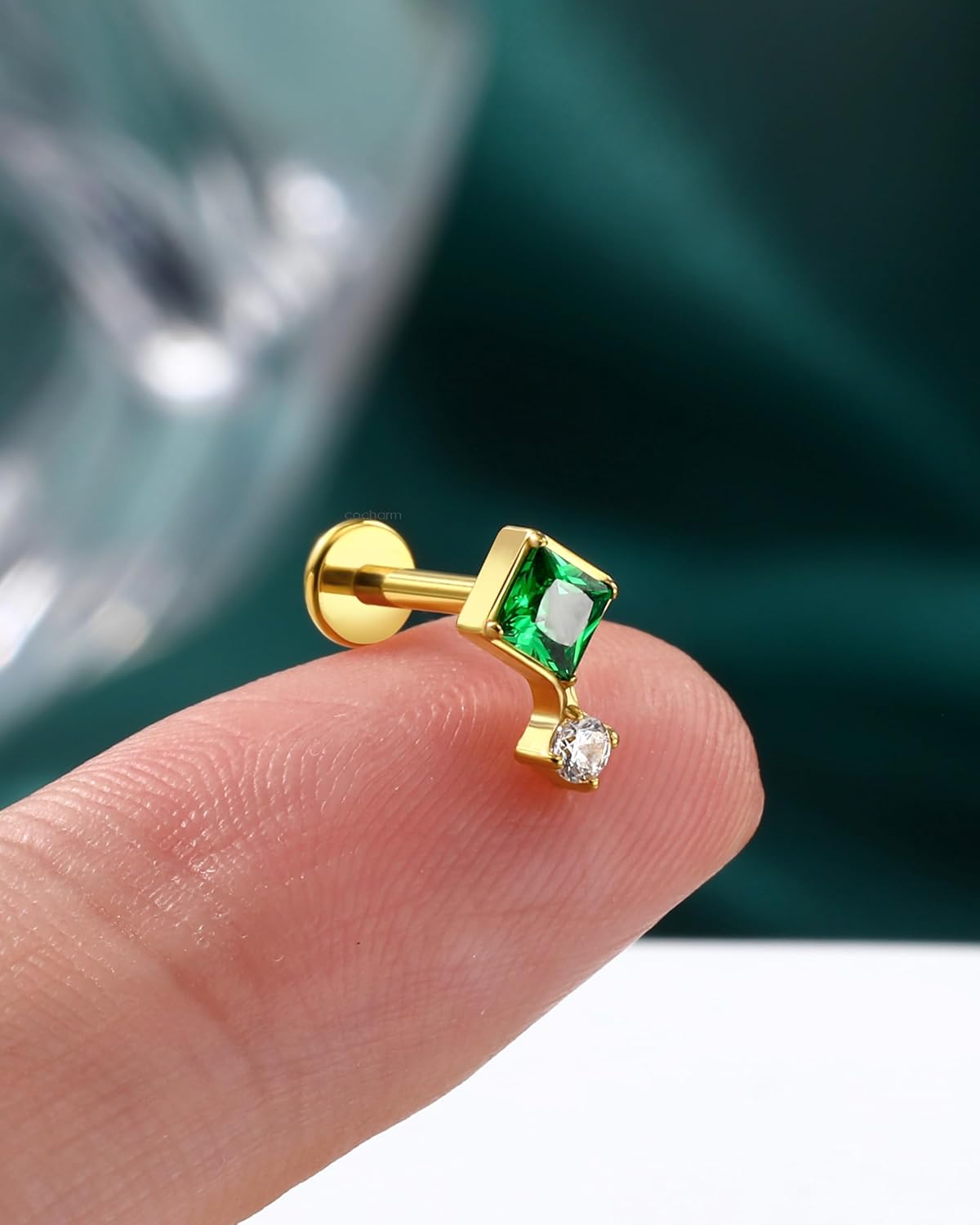 COCHARM 16G Titanium Flat Back Helix Piercing Jewelry, Square Design Threadless Cartilage Tragus Earring Stud, Gold and Silver Tone Conch Lobe Jewelry - Image 4