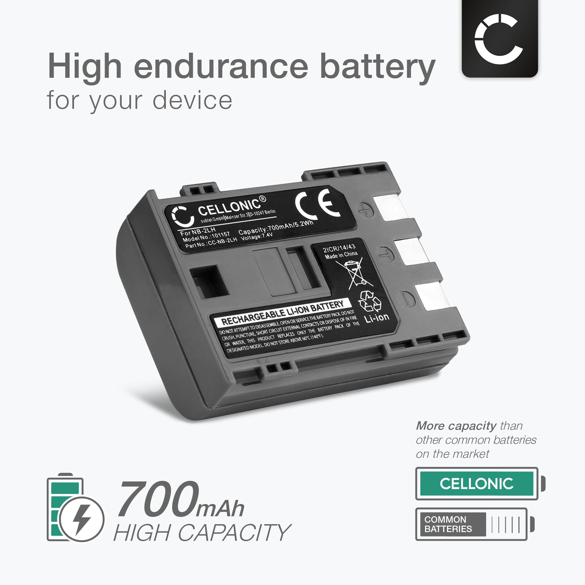 CELLONIC 2 x akumulator kompatybilny z Canon EOS 400D EOS 350D EOS Digital RegXTi PowerShot G7 G9 S50 HG10 Legria HF R16 R106 MD235 VIXIA HV30 ZR800, 700 mAh NB-2L NB-2LH BP-2L5 bateria | 2 x (700 mAh – 7,4 V jonów litowych), akumulator do aparatu fotogra