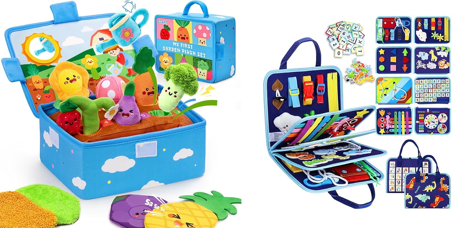 Esjay Montessori Sensory Garden Plush Set and Busy Board, Developmental Learning Toys with Rattle Squeaker Mirror Texture Tissue, Blue Dinosaur