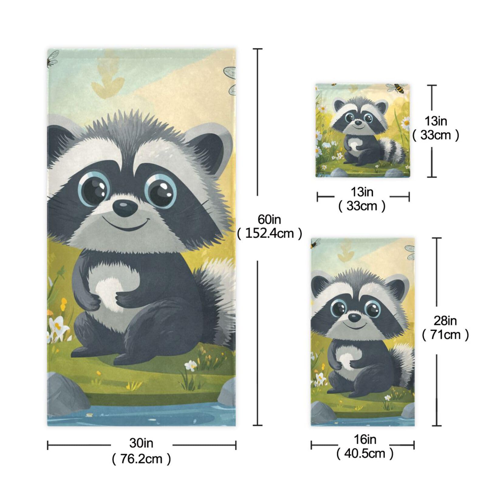 Cartoon-Handtücher, niedlich, robust, Waschbär, Grau, weiches Gesicht, 3-teilig, 1 Badetuch, 1 Handtuch, 1 Waschlappen für Yoga, Badezimmer, Küche