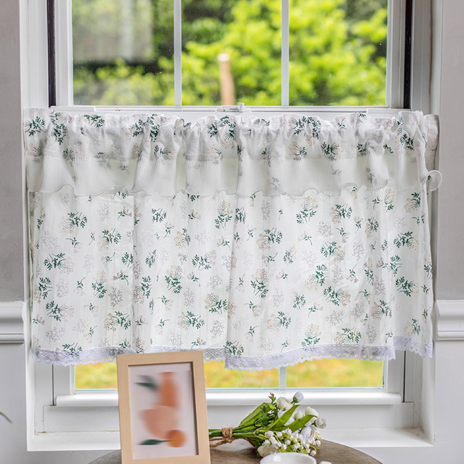 Mantovana, Mantovane Decorative con Volant, Non è Necessario forare Le Tenda da Cucina, Mezze Tende in Pizzo di Cotone e Lino, Tende divisorie da bistrot(W51.1xH31.4/130x80cm)