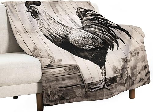 Manta rústica de gallo de granja, color blanco y negro, manta suave de gallo de acuarela, manta de franela de forro polar, tamaño manta, manta de