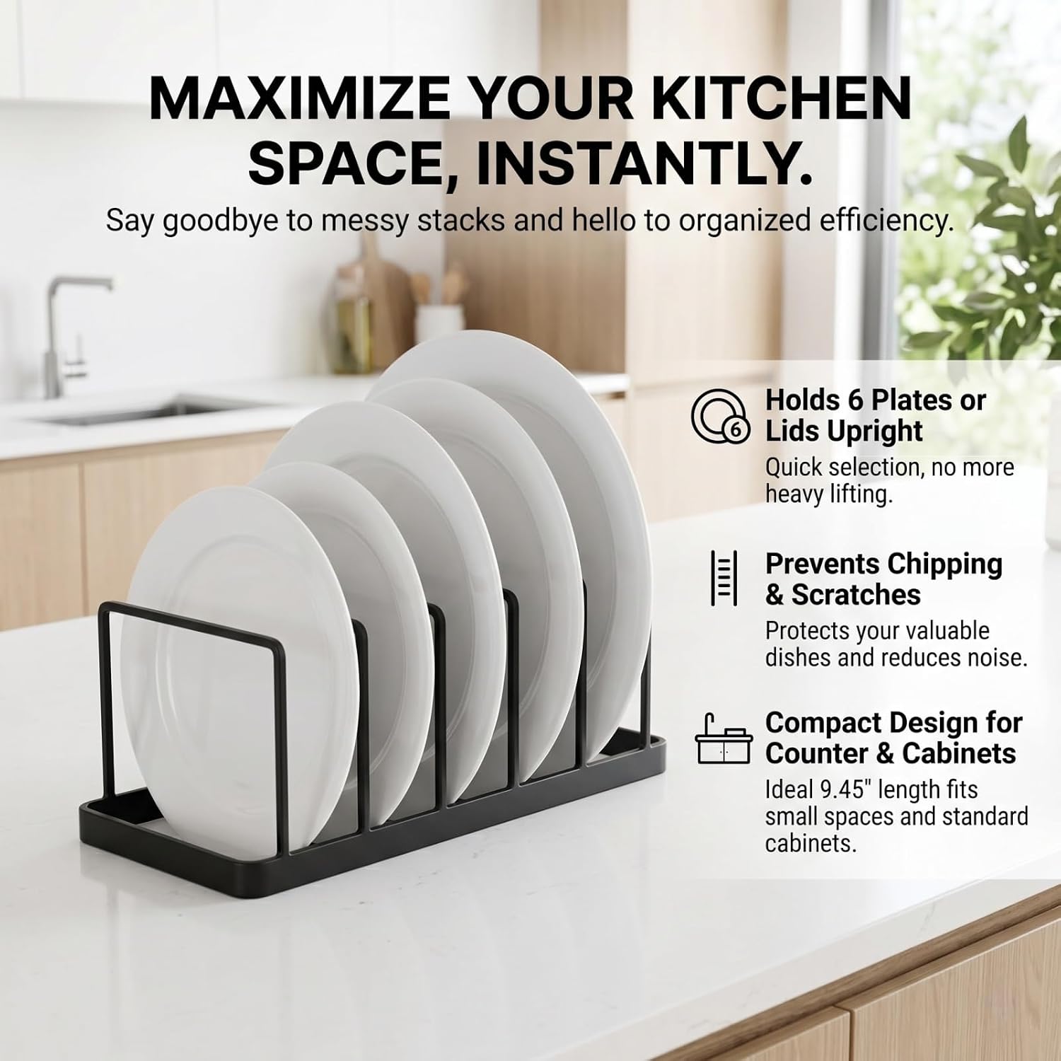 9.5 Inch Plate Organizer for Cabinet - Vertical Plate Rack, Space Saving Dish Drying Rack - Black Carbon Steel