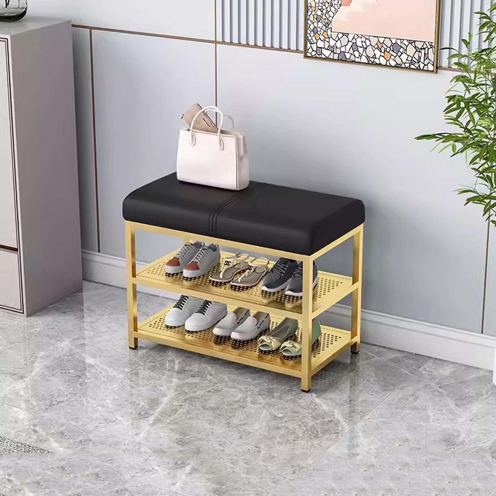 Banc étagère à chaussures à 2 niveaux avec banquette rembourrée pour entrée et salon