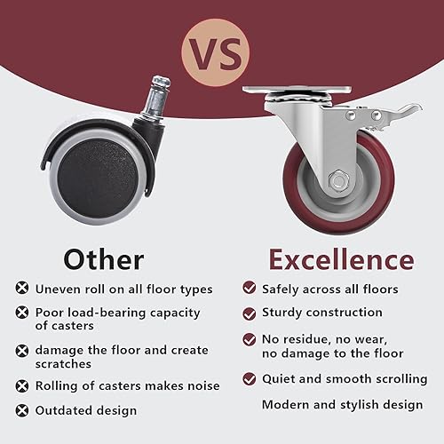 Miniatura 5 de Ruedas de 4 pulgadas, juego de 4 ruedas industriales resistentes, rojas con freno, ruedas de bloqueo para muebles y banco de trabajo para carro,