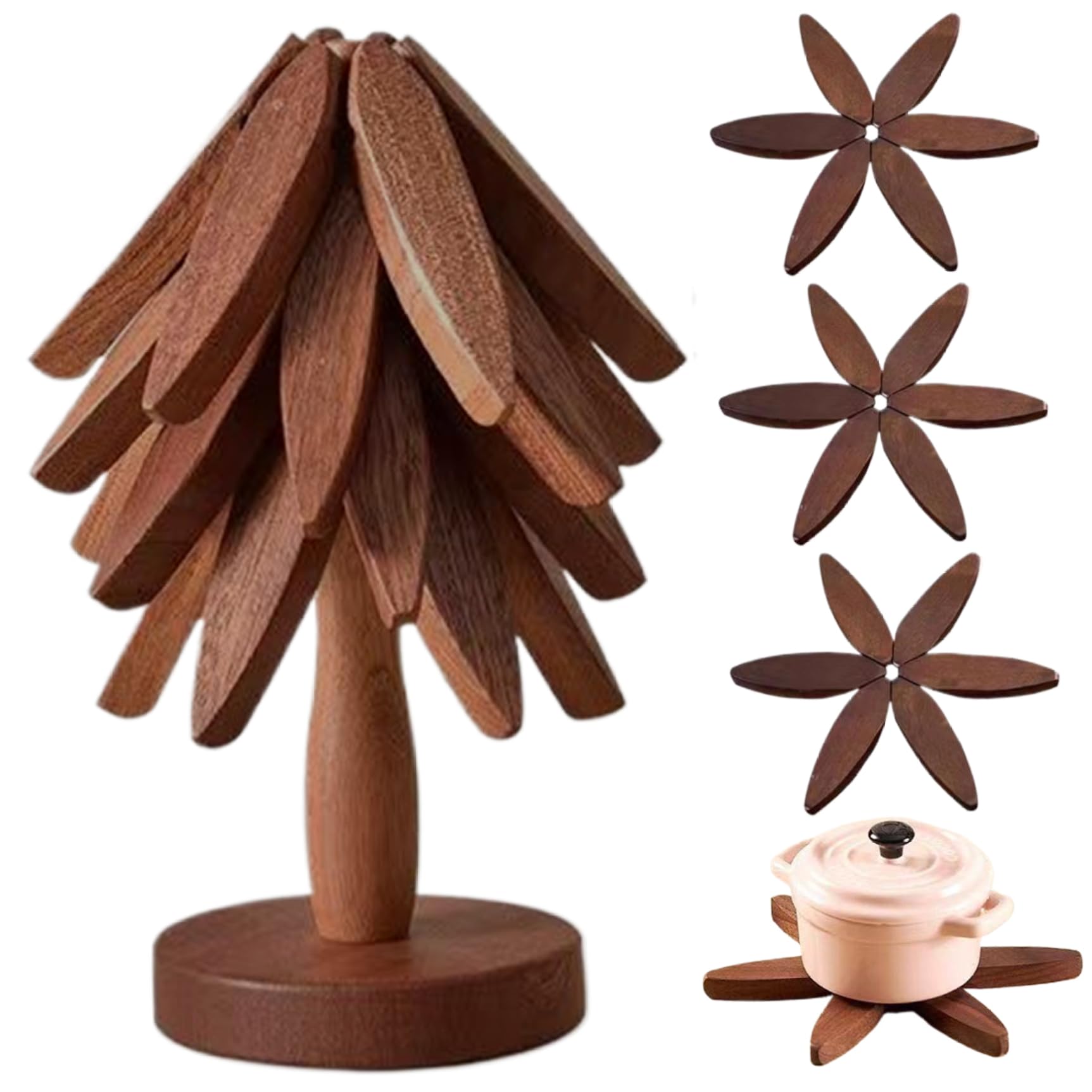 Striegro Wooden Tree Trivet Set Creative Tree Coasters Includes 4 Trivets & 1 Base Decorative Insulated Trivets for Hot Dishes, Mugs, Christmas Decorations, Walnut Color..