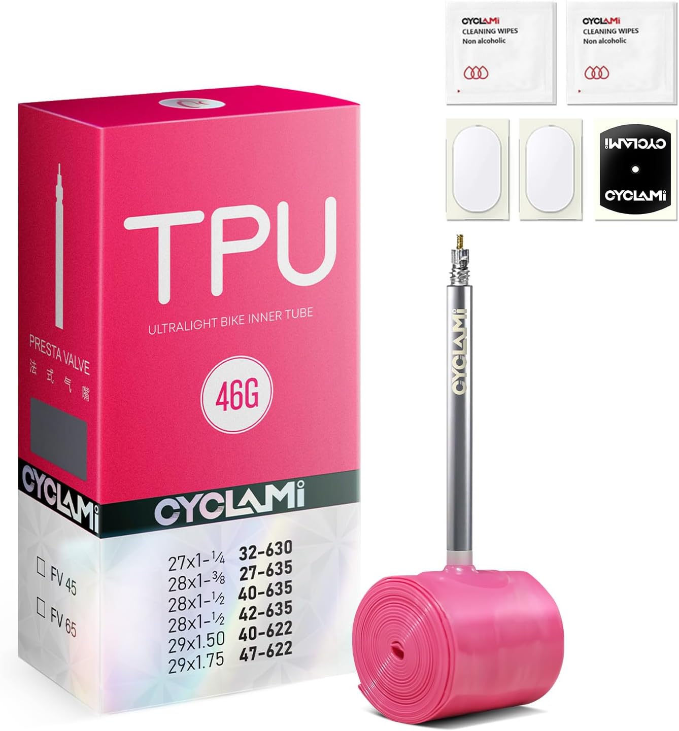 TPU Inner Tubes 700Cx32-47C/MTB29 inchx1.5/1.7 Ultra-Light 46g Bicycle Inner Tube (ALLRoad & Gravel) with 65mm Length of Presta Metal Valve for All Road or Gravel Bike
