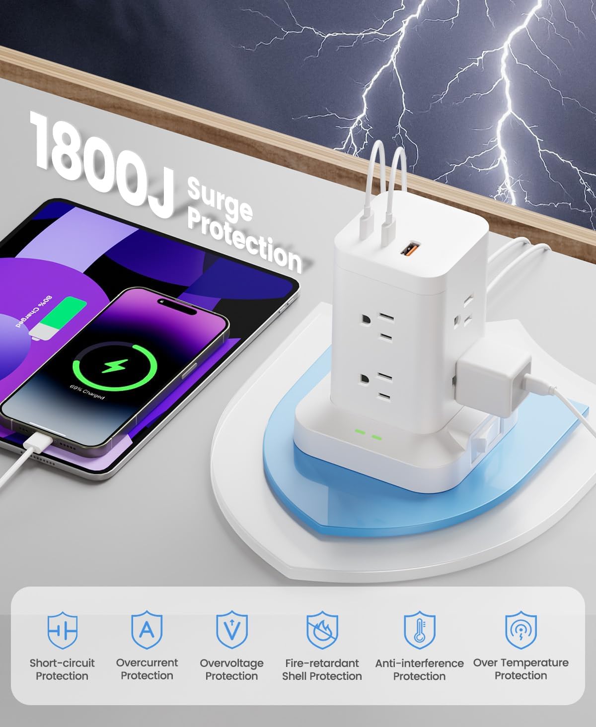Power Strip Tower with Surge Protector 1800J, Fast Charging Tower PD20W USB-C Ports with 8 AC Outlets, 6ft Extension Cord for Home Office Dorm Room, White