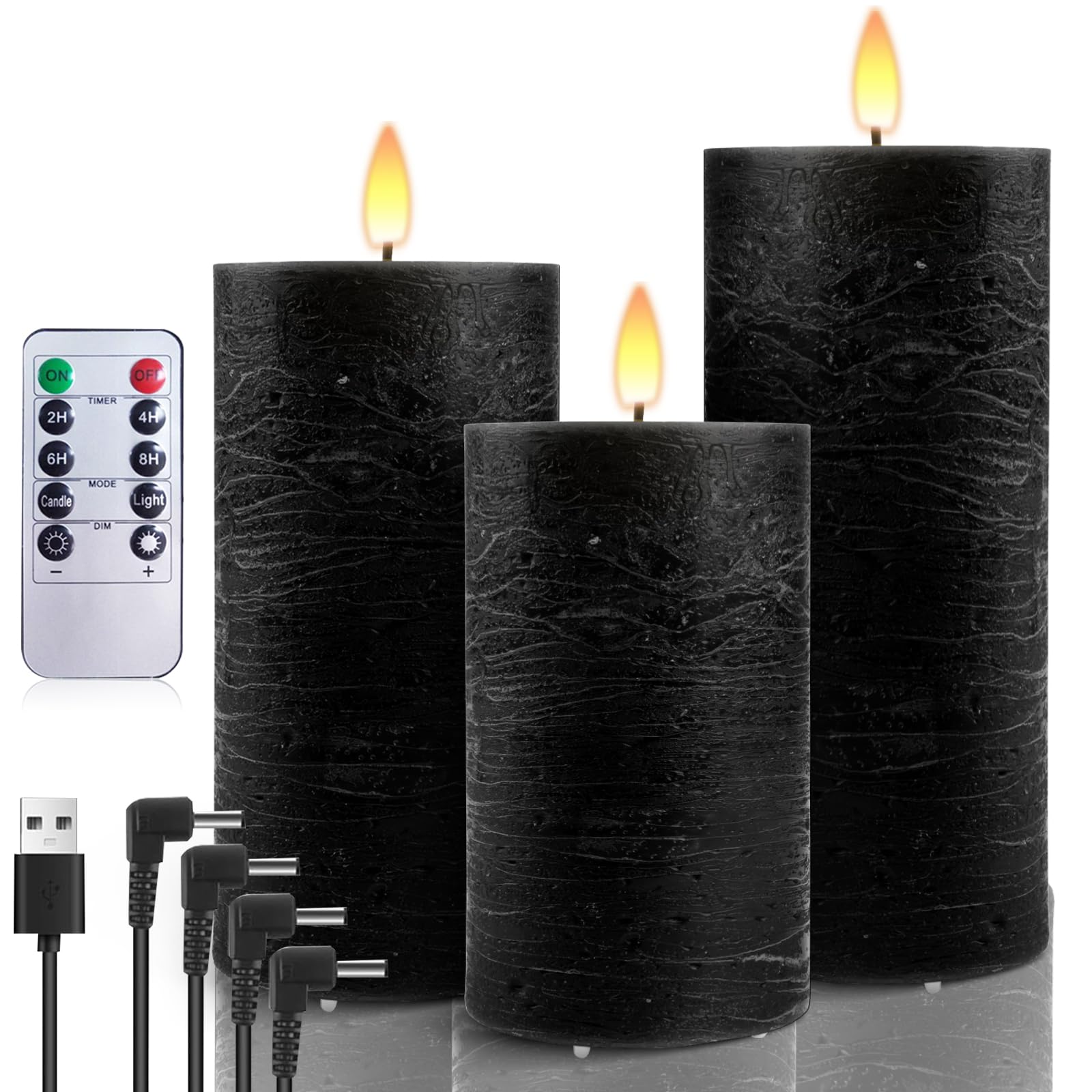 AnnSpa 3 Piezas Velas Led Recargables Usb Con Mando A Distancia y Temporizador, 3D Velas Led Efecto Llama, Velas Recargables Velas Electricas, Velas Sin Llama para Decoración, Bodas, Acampar - Negro