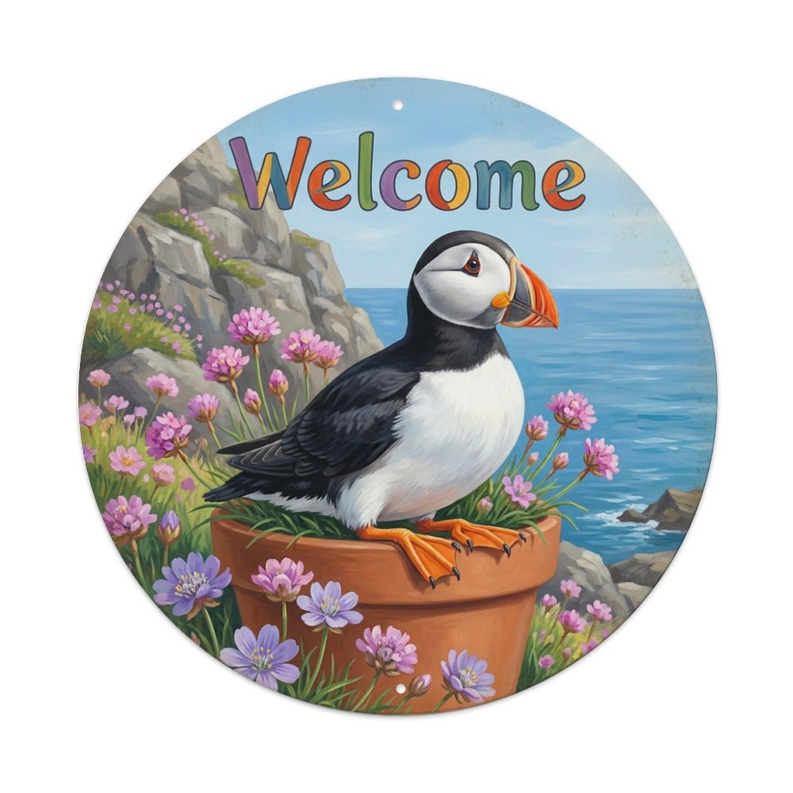 Metal Tin Sign Welcome Puffin Sea Cliff