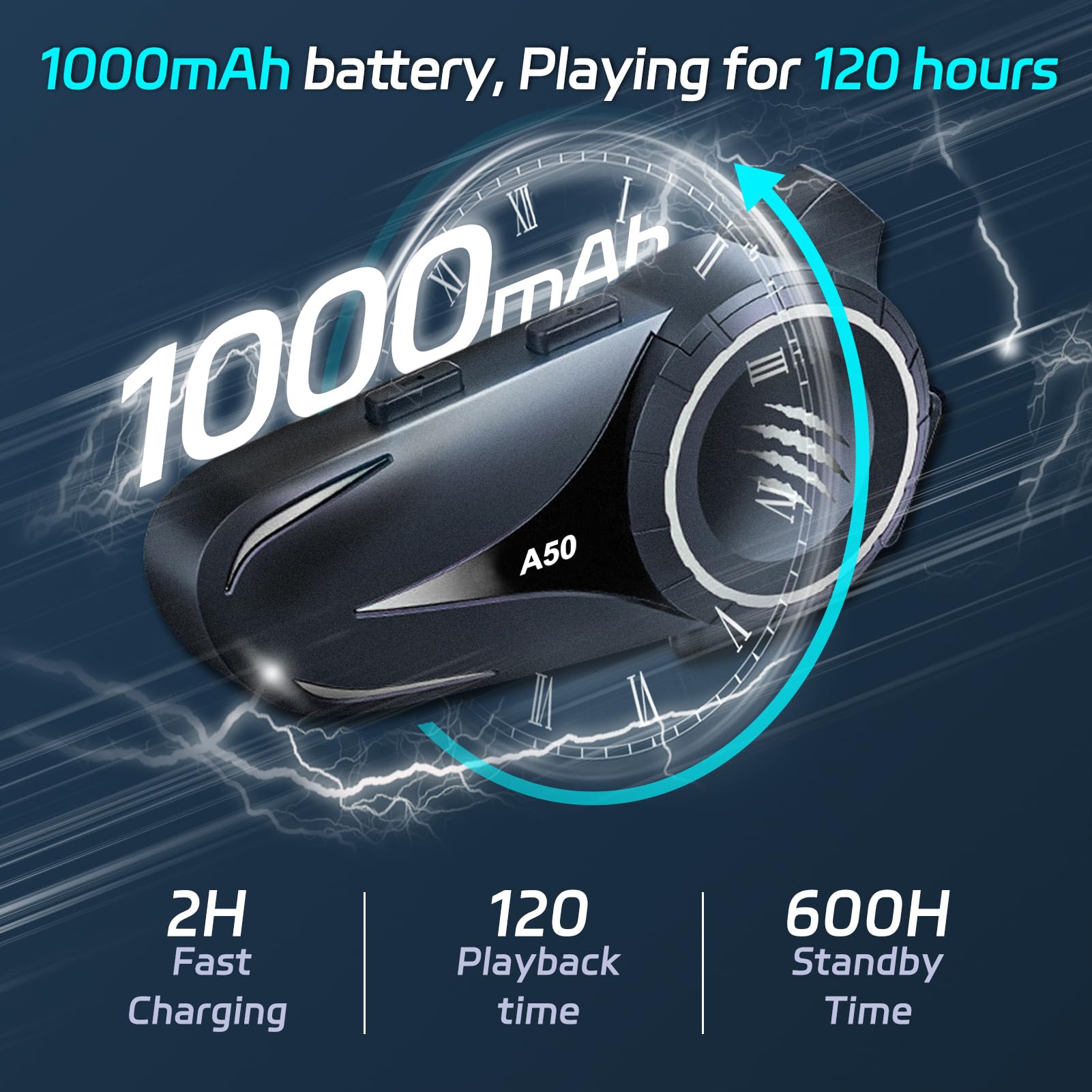 Auricolare Bluetooth per casco da motociclo,Auricolare esterno,Auricolare sportivo impermeabile,Altoparlanti a mani libere,Chiamata musicale 1000mAh