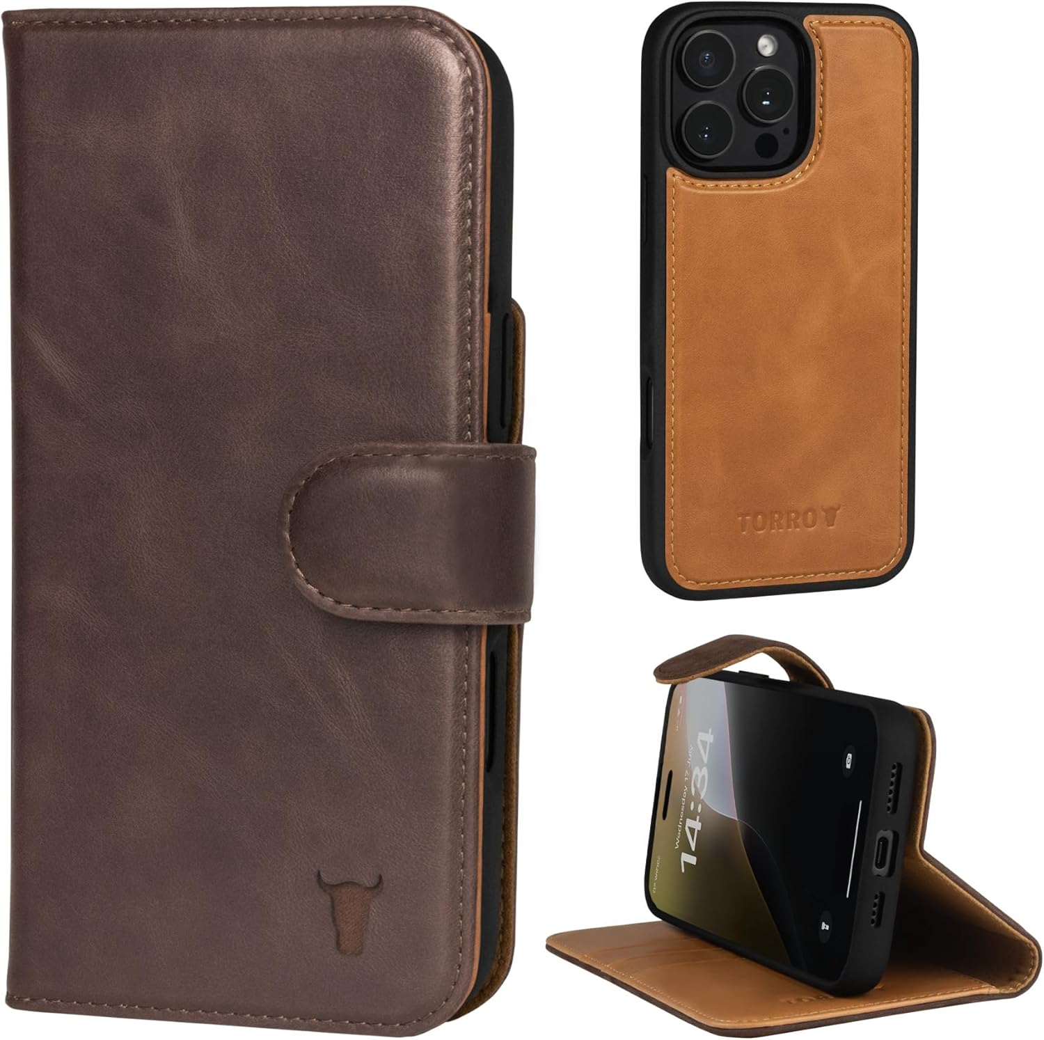 TORRO Nubuck Leather Case Compatible with iPhone 16 Pro Max – Leather Bumper Case with Magnetically Detachable Wallet Cover with Kickstand (Compatible with Official MagSafe Chargers) - Nubuck Blue