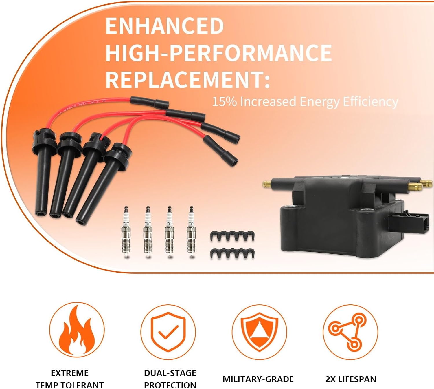 Set of 1 Ignition Coils Pack UF403 MO5269670 with 4 Iridium Spark Plugs and Spark plug Wire Set Compatible with Dodge SX 2.0 2.0L Chrysler PT Cruiser 2.4L