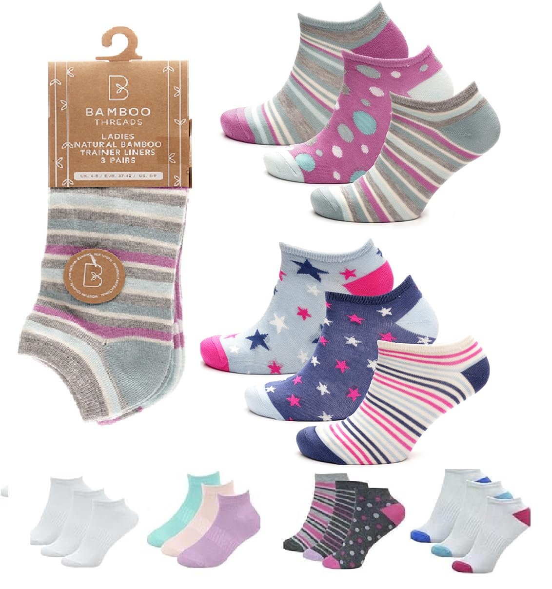 OnlyBee 6 Pairs of Ladies BAMBOO Trainer Ankle Socks (Mixed)