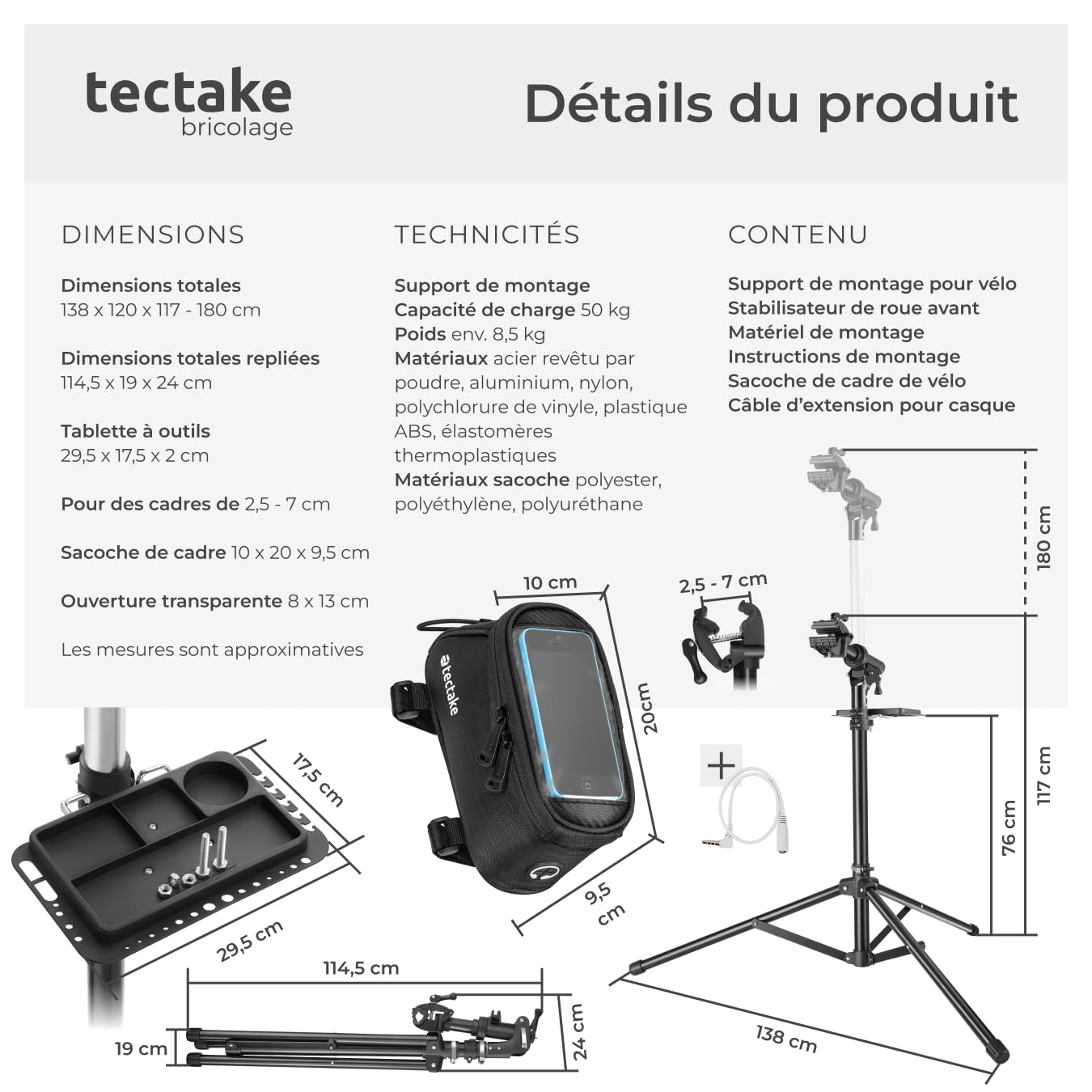 tectake® Set de Support Velo Pieds d'atelier & Sacoche velo, Montage Entretien Reparation VTT Vélo électrique Velo de course, Support pour Outils, Charge max. 50kg Réglable Pliable 138x120x117-180 cm