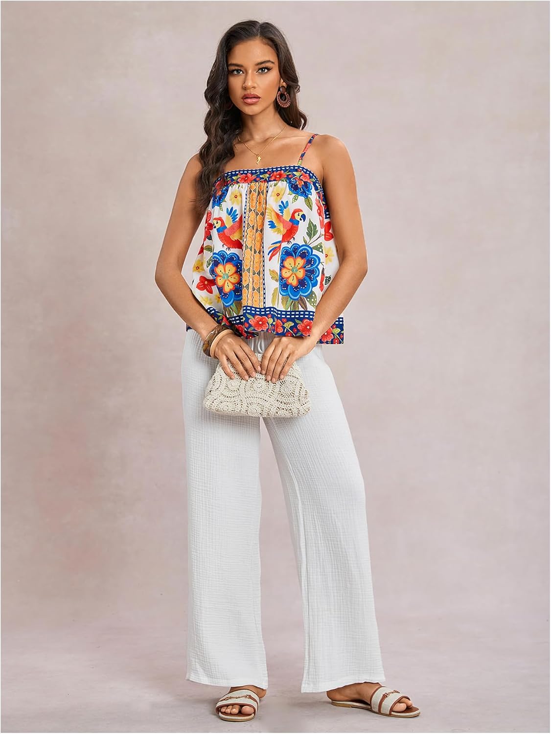 Women's Floral Tropical Boho Tops Spaghetti Strap Tank Top Vacation Beach Summer Camisole Tops - Image 5