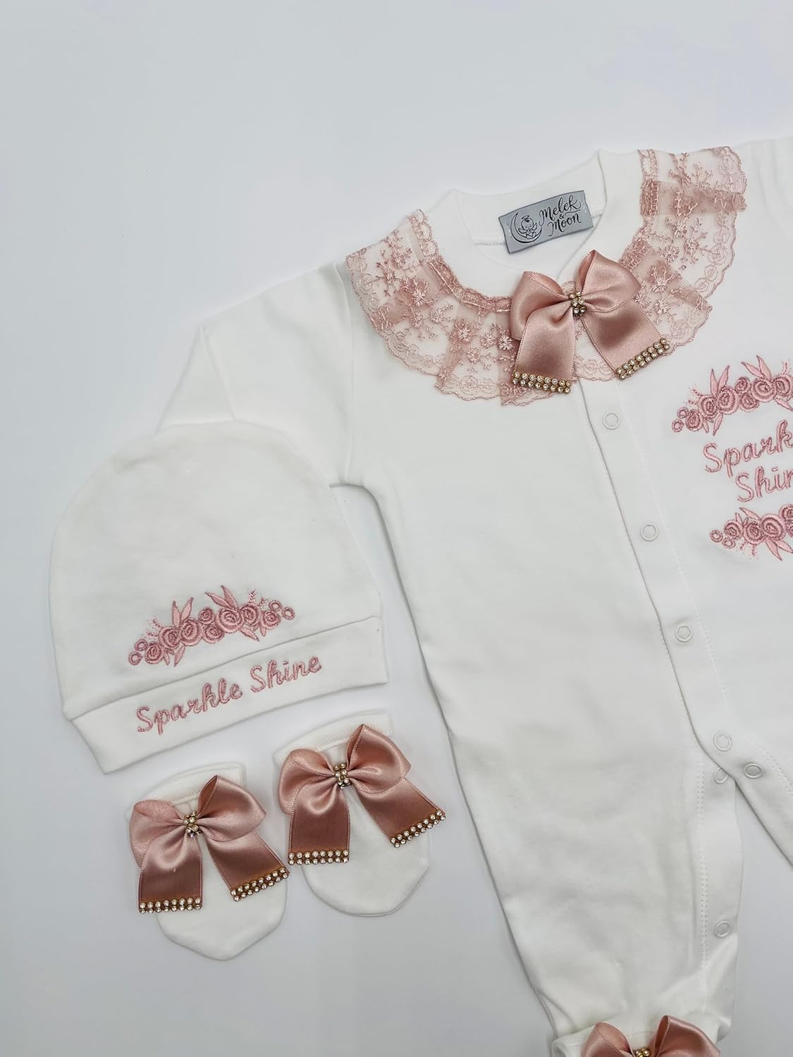 MELEK & MOON Personalized Luxury Infant Newborn Baby Girl Outfit – 3-Piece Cotton Set – Rosy Princess Grace Set