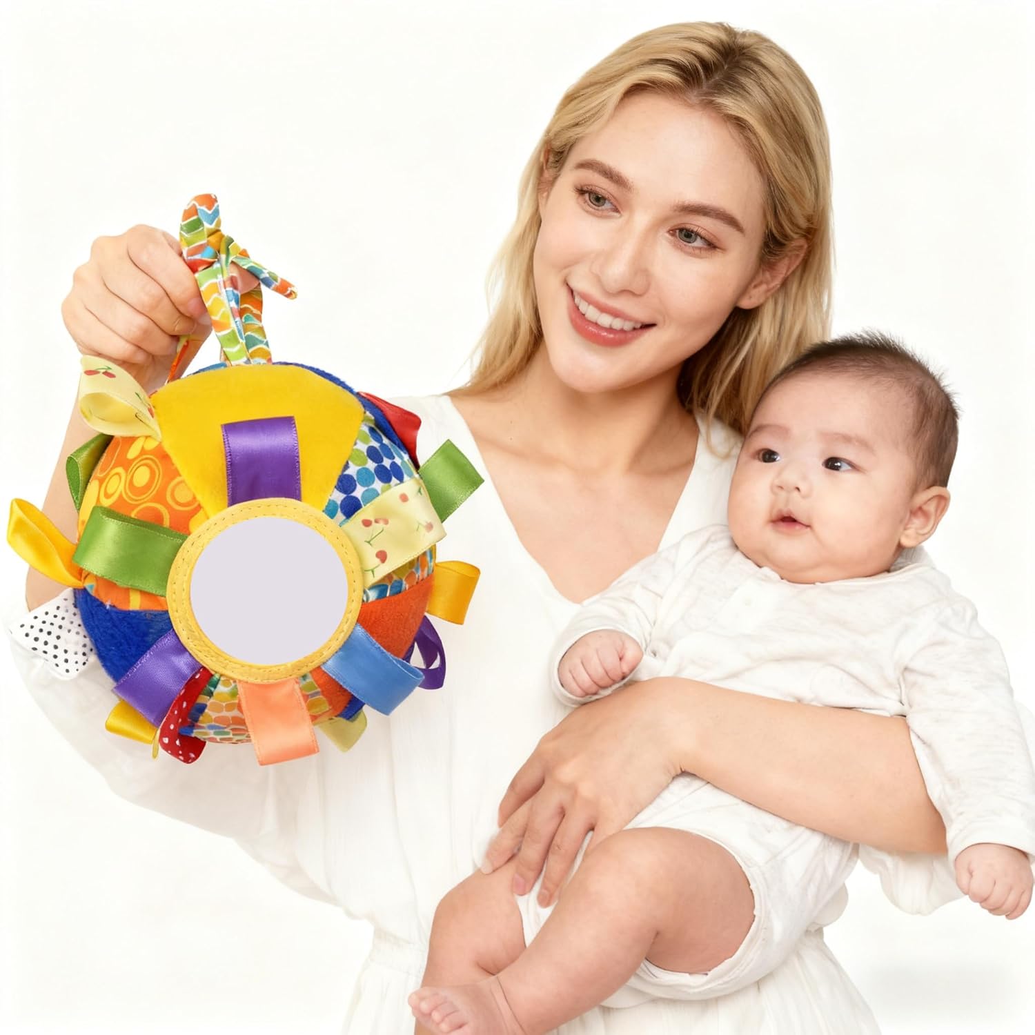 rainbow ball, a colorful fabric toy with a mirror, spherical, crib hanging, the toys also comes with a bell, pet toys, car pendant - very suitable as an early education toy for boys and girls