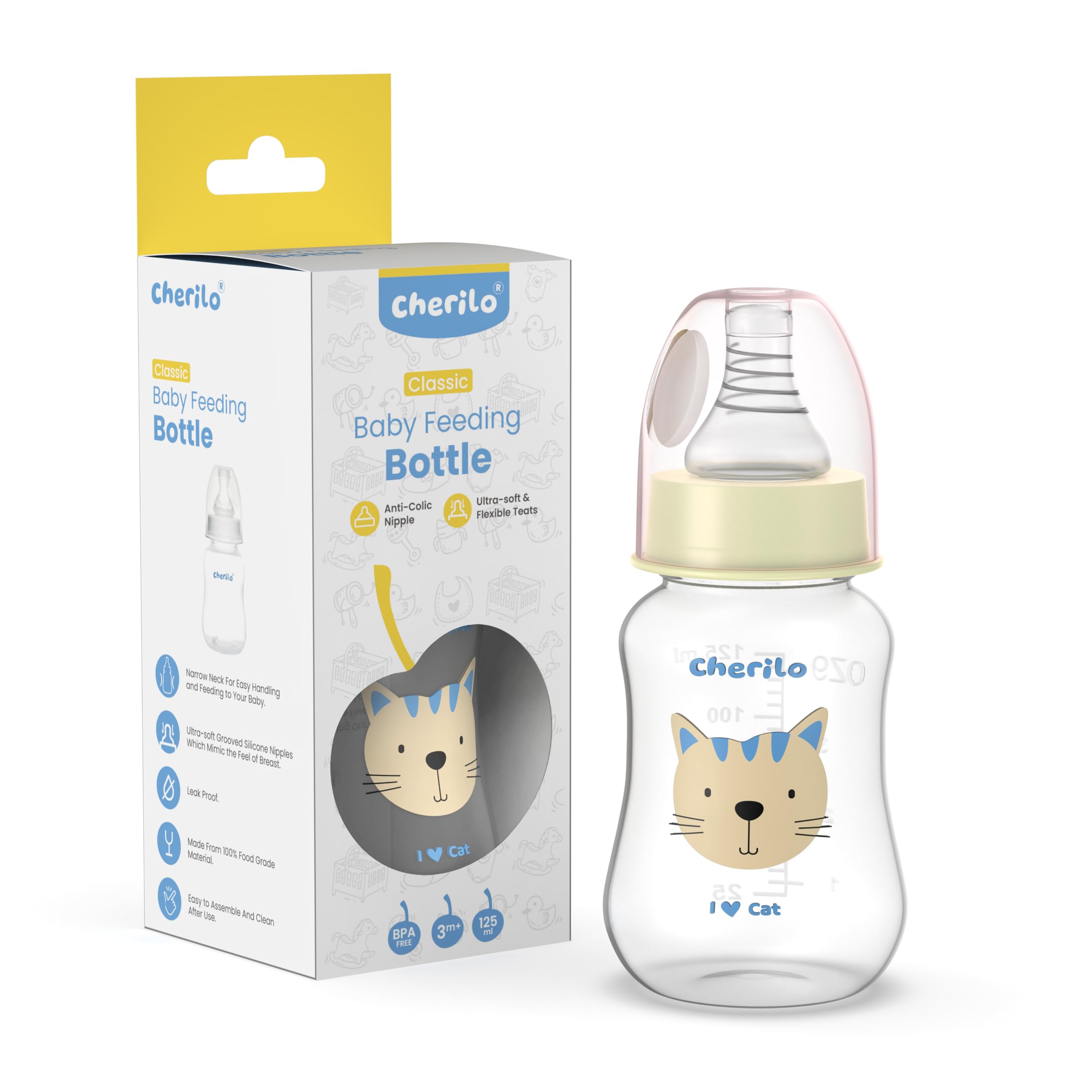 Cherilo Anti-Colic Feeding Bottle for New Born Baby, Baby Milk Feeding Bottle Ideal for 0months+ Babies, 100% Food Grade Grooved Silicone Nipples, Leak-Proof, Lovely Cat Style (125 ml)-image-21