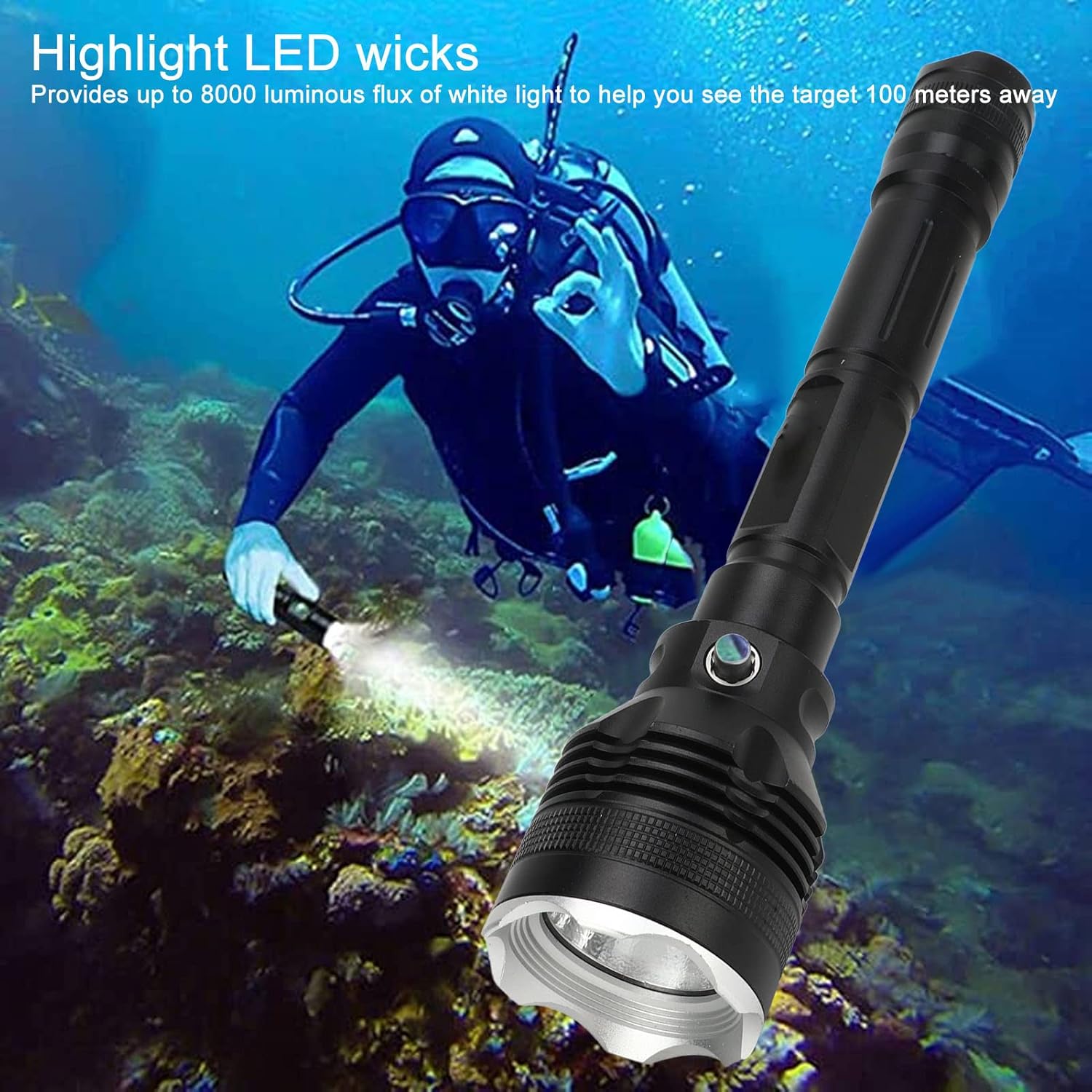Diving Flashlight, Portable 8000LM LED IPX8 Waterproof Diving Torch Flashlight with 3 Lighting Modes for Swimming, Navigation, Cave Exploration, Hiking