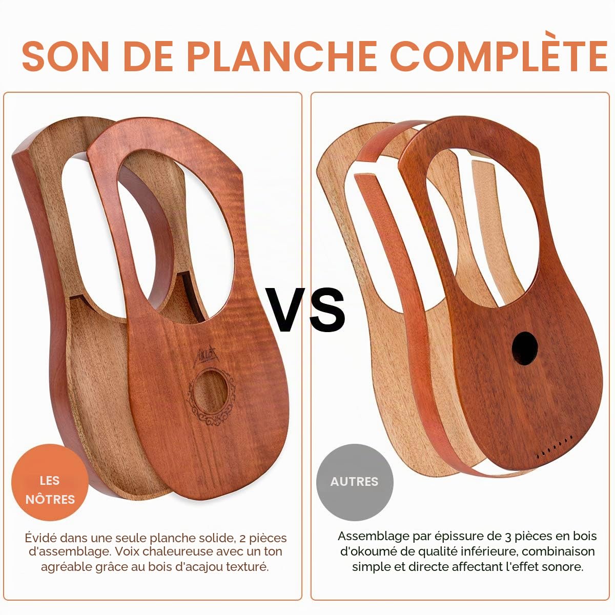 Aklot Lyre Harpe 7 cordes en acajou avec clé de réglage et sac de transport noir