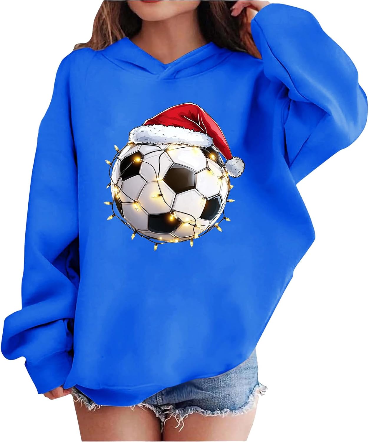 Girls Christmas Hoodie Long Sleeve Soccer Ball Santa Hat Pullover Sweatshirt Fleece Lined Warm Holiday Top Kids