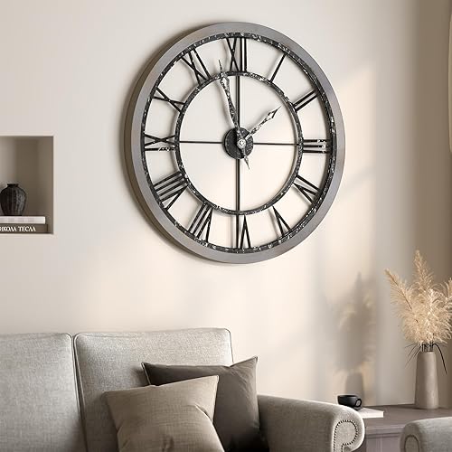 Miniatura 60 de Reloj de pared de 24 pulgadas, relojes de pared grandes para sala de estar, reloj redondo de metal decorativo, funciona con pilas, silencioso, sin