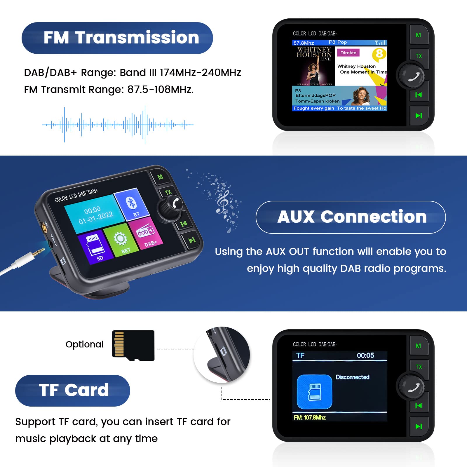 Radio Digitale DAB/DAB+ FM Con Bluetooth - Portatile Ricaricabile, USB/TF, Display LED - Foto 3