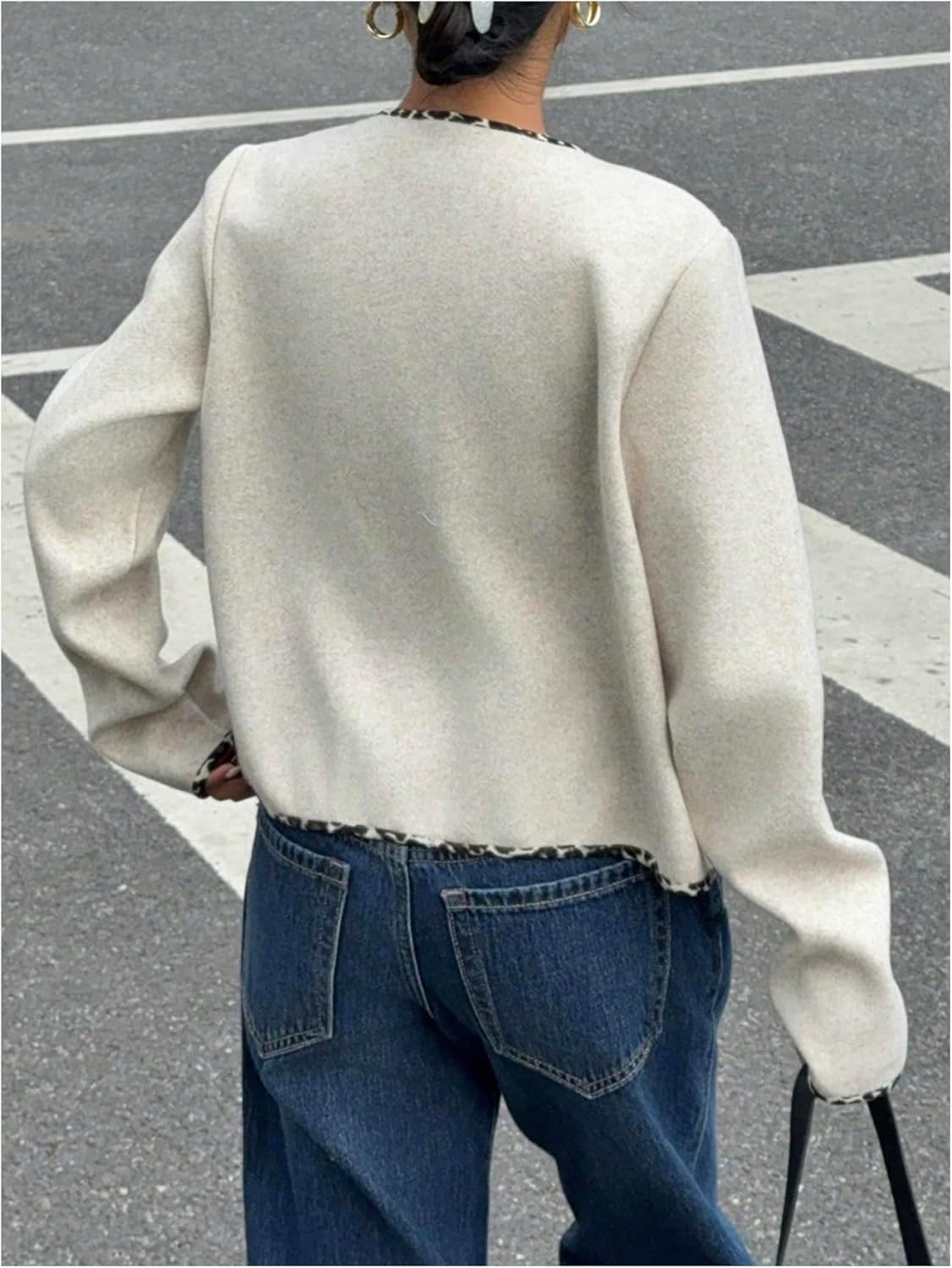 GORGLITTER Women's Cropped Jacket Button Up Leopard Trim Fall Dressy Long Sleeve Crew Neck Coat with Pockets - Image 3